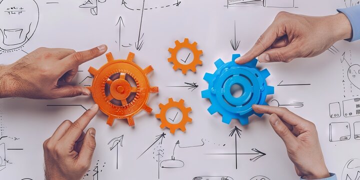 A collage of hands pointing at two gears, one orange and the other blue with check marks on them