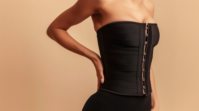a woman in a black postoperative corset after breast augmentation on a beige background