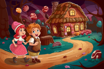 Naklejka premium Cozy Cottage Nestled in a Whimsical Forest Setting with Two Cheerful Children Exploring the Winding Path. Storybook Illustration, Fantasy Landscape.