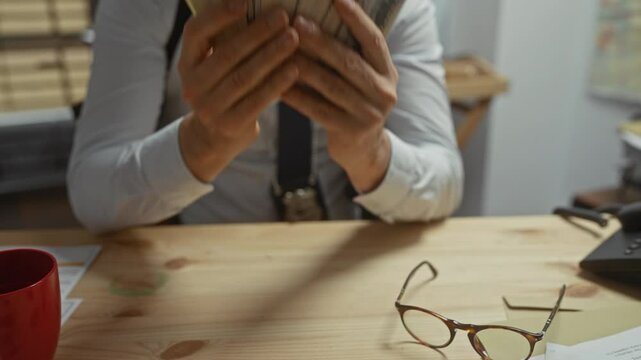 A middle-aged man in a detective's office inspecting a fan of us dollars, symbolizing investigation, finance, and law enforcement.
