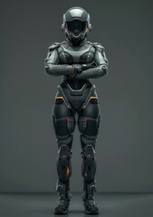 CG cyborg woman standing with crossed arms on her chest. Serious young girl in a futuristic black armor suit with a helmet. Futuristic soldier concept.