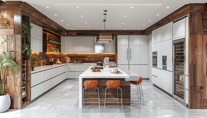 Obraz premium A detailed kitchen design sketch, featuring modern white cabinets with wooden accents and an island
