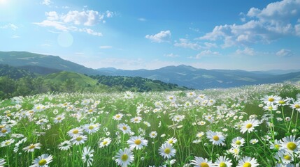 sunny chamomile field in full bloom, capturing the essence of a vibrant summer meadow.