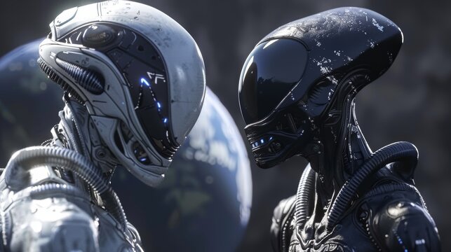 Three-dimensional rendering of an alien grey and astronaut facing each other with the earth in the background