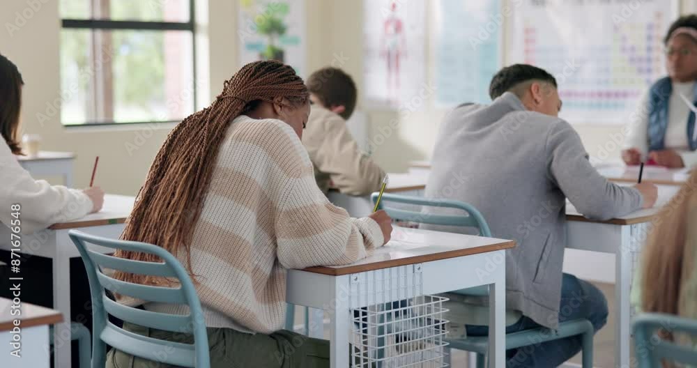 Poster people, writing and classroom with students in exam, test or paper by desk for education or learning