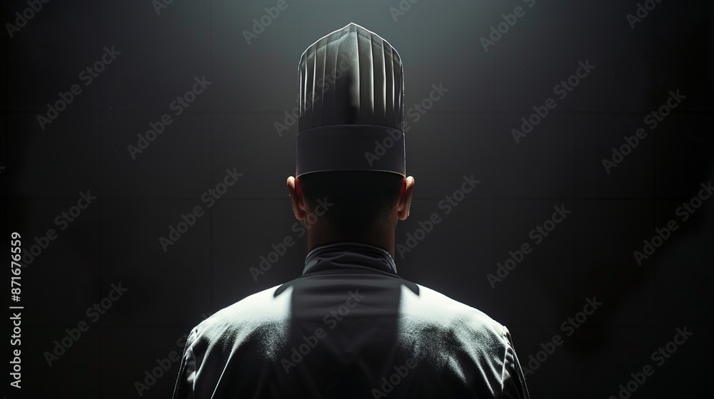 Wall mural visual of a chef with his hat shot from behind with triangular spotlight from the top, black background - Wall murals