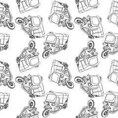 seamless Tuk Tuk, tricycle Taxi in Bangkok Thailand, Hand Drawn vector in black and white drawing line
