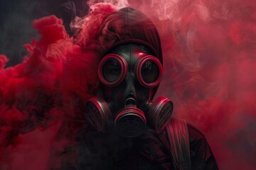 Detailed image of the face of a stalker in an old Soviet gas mask with a filter and red highlights on a black background.