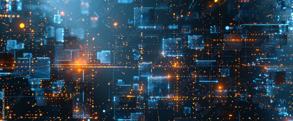 Poster an animated 3d scene of colorful cubes arranged randomly in a grid. digital technology background. g