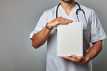 A veterinarian doctor holds a book with blank covers on a solid gray background