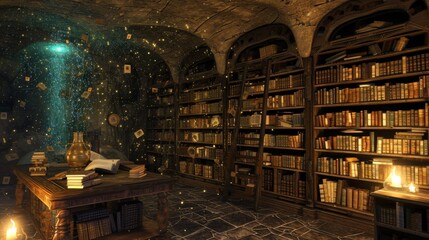 A room filled with numerous books and candles creating a cozy atmosphere, A wizard's mystical library filled with magical artifacts and floating books, AI Generated