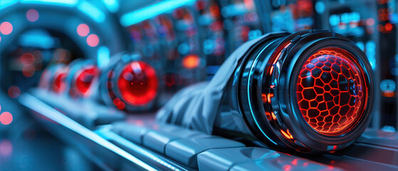 A series of red and black spheres are lined up in a row