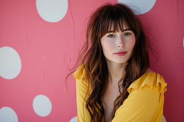 Caucasian woman with long brown hair and bangs, wearing a yellow top and sitting in front of a pink wall with large white polka dots
