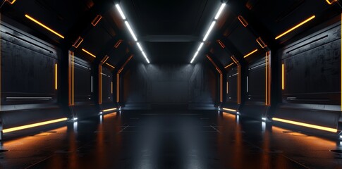An illustration of a futuristic spaceship corridor with neon glowing orange background in a cyberpunk style. Ideal for advertising, showrooms, technology, sports, the future, and the metaverse.