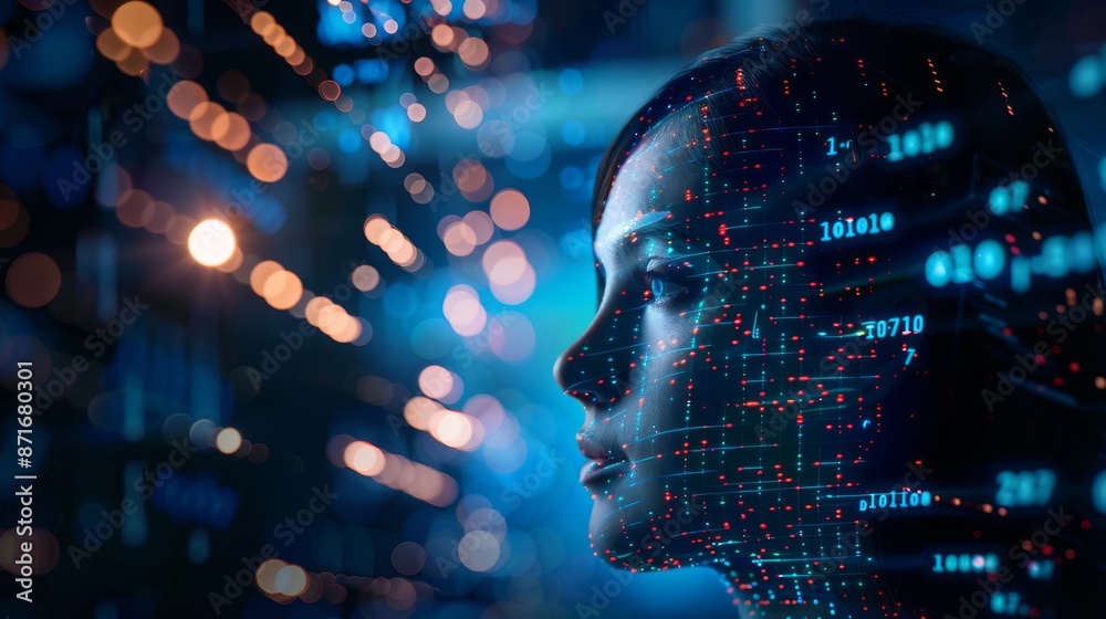 Poster in the mind of a humanoid robot using stock, a glowing code structure is floating in the air