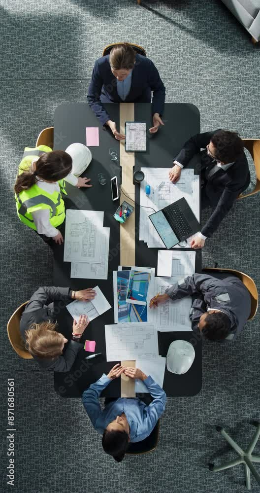 Poster Vertical Screen: Top Down View of Diverse Team of Business Professionals and Engineers Working Together on Architectural Plans in a Modern Office. Colleagues Using Laptop, Tablet, And Documents.