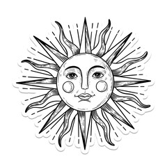 Sun with a face outline sticker overlay with a white border design element