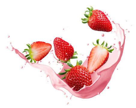Milk or yogurt splash with strawberries