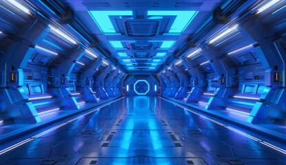 Fototapeta premium Rendering of a furnished spaceship with a black interior, blue light, tunnel, corridor, and a futuristic front view