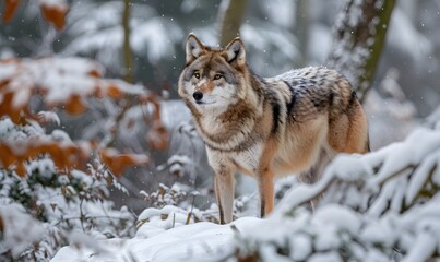Obraz premium Majestic Wolf in Snowy Forest , Generative AI