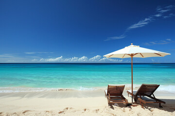 Fototapeta premium Serene Tropical Beach Scenes: Idyllic Coastal Paradise with Clear Blue Waters and White Sand for Relaxation and Travel Projects