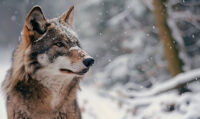 Obraz premium Majestic Wolf in Snowy Forest , Generative AI