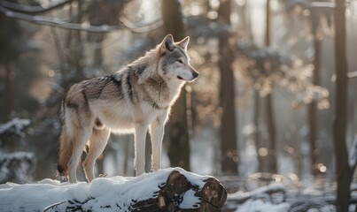 Obraz premium Majestic Wolf in Snowy Forest , Generative AI