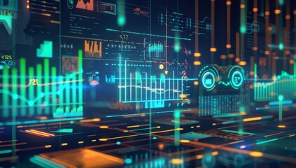 A futuristic digital graph with orange and green lines, representing the stock market's movement over time.