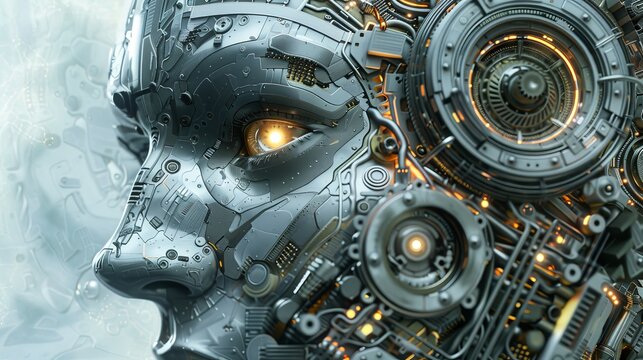 The humanoid cyborg of the future / 3D illustration of a futuristic metallic humanoid cyborg inside a computer
