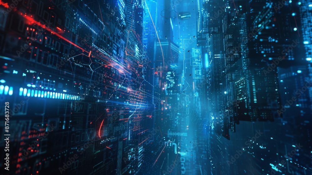Poster cyberspace concept with particles and digital data network connections. concept in 3d with high spee