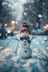 Fototapeta premium Cheerful Snowman in Santa Hat and Scarf on Snowy Winter Day
