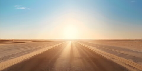 Mirage effect created by intense sun on desert road affected by heat waves. Concept Mirage effect, Intense sun, Desert road, Heat waves, Optical illusion