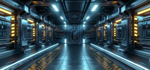 Obraz premium An abstract blue background, ultraviolet light in a nightclub, a tunnel or corridor, glowing panels, an empty room interior, a fashion podium and a performance stage 3D rendering