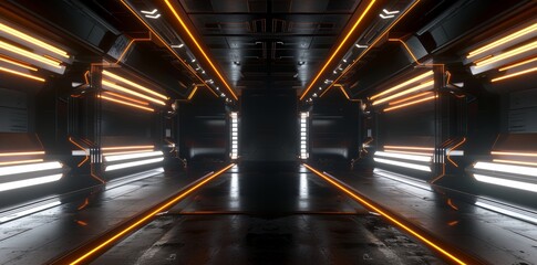 Fototapeta premium Concept for advertising, showroom, technology, future, modern, sport, metaverse. 3D rendering of a spaceship corridor neon glowing orange background futuristic. Cyberpunk concept. Sci Fi