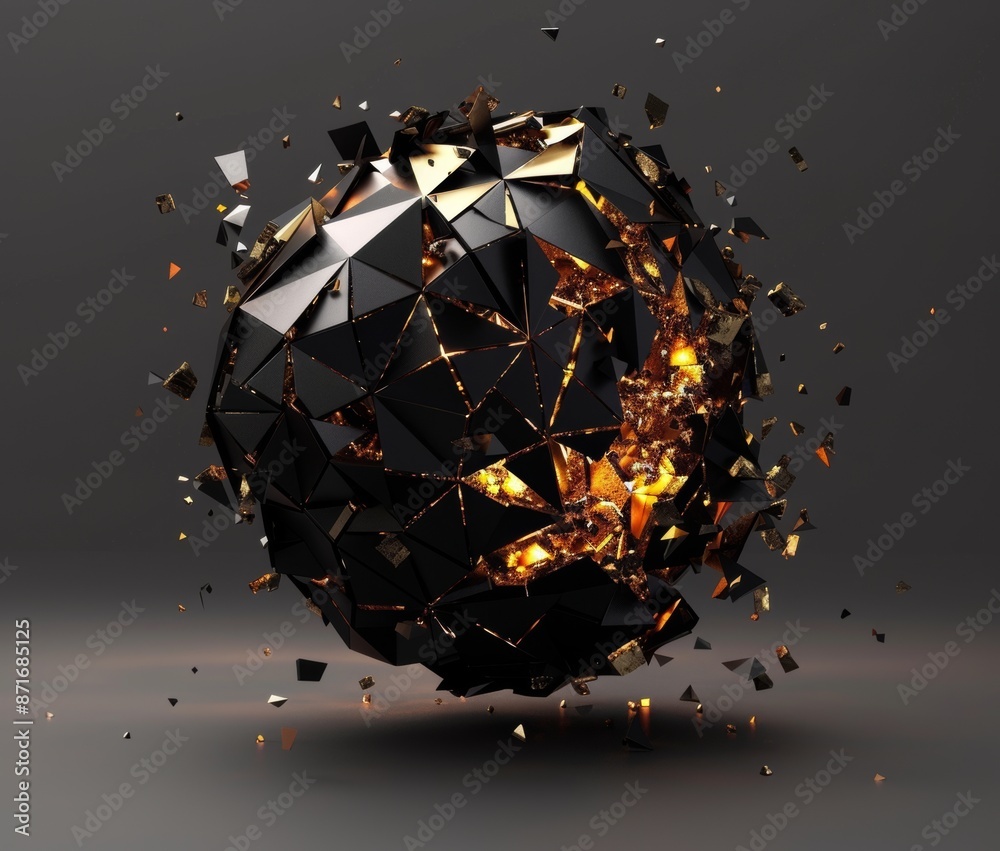 Poster an abstract rendering of a low poly sphere with chaotic structure. sci-fi background with polygonal 
