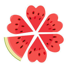 Ripe red cut segmented watermelon top view, heart-shaped pieces Hand drawn Trendy flat style isolated organic natural dessert, healthy sweet red juicy Sliced melon summer fruit. Vector illustration