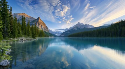 Naklejka premium A breathtaking mountain landscape at sunrise, with mist hovering over alpine meadows and a tranquil lake