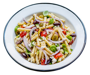 Macaroni pasta salad mockup png with feta and olives, healthy Greek summer dish