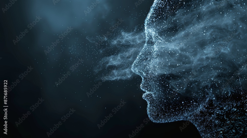 Poster this is a photograph of a digital human head made of circuitry against a dark background with binary