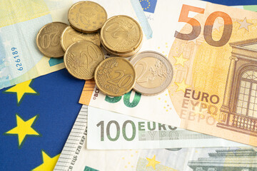Euro banknote and coin, Europe money, economy finance exchange trade investment.