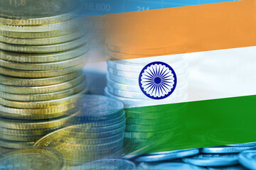Stock market investment trading financial, coin and India flag , finance business trend data background.
