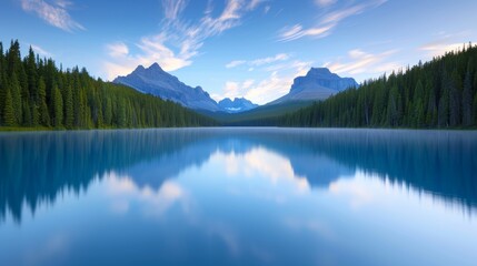 Obraz premium A breathtaking mountain landscape at sunrise, with mist hovering over alpine meadows and a tranquil lake