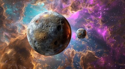 Stone planet with moon on nebula in background.
