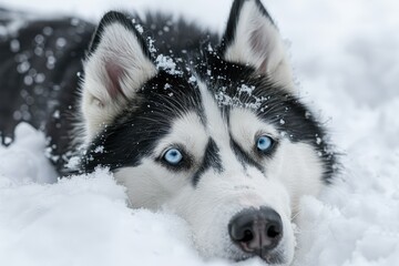 Black and white husky with blue eyes lying in the snow in a winter park