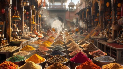 Bags of mixed spices and herbal tea in the street market. 
