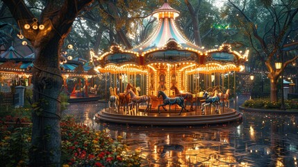 Fototapeta premium Beautiful bright carousel in park at night。