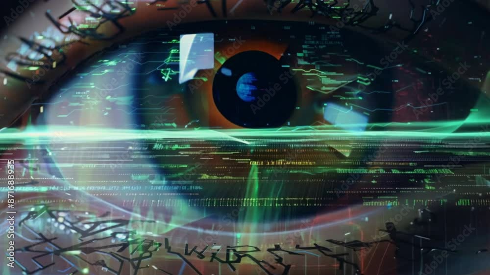 Poster A high-resolution photo of a cyborg eye scanning a digital landscape, with binary code flowing across the iris and pupil.