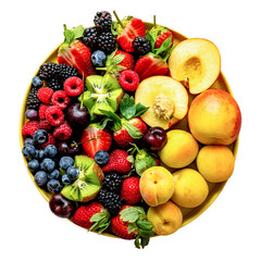 Healthy fruit salad png flat lay with peaches and kiwis food photography