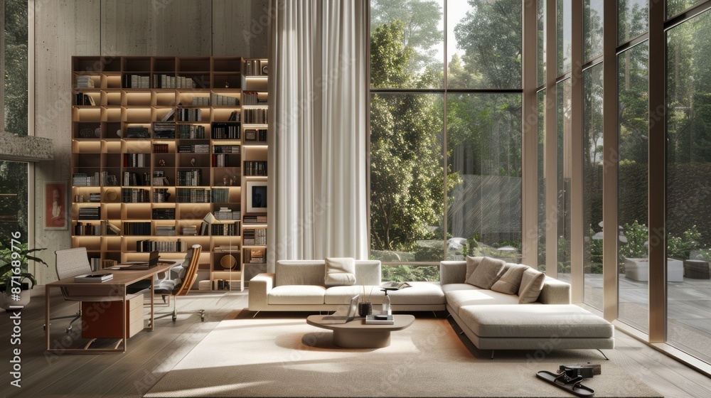 Poster Modern Interior Design with Large Windows and a Library Wall