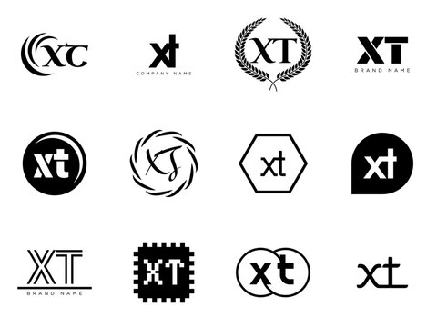 XT logo company template. Letter x and t logotype. Set different classic serif lettering and modern bold text with design elements. Initial font typography.